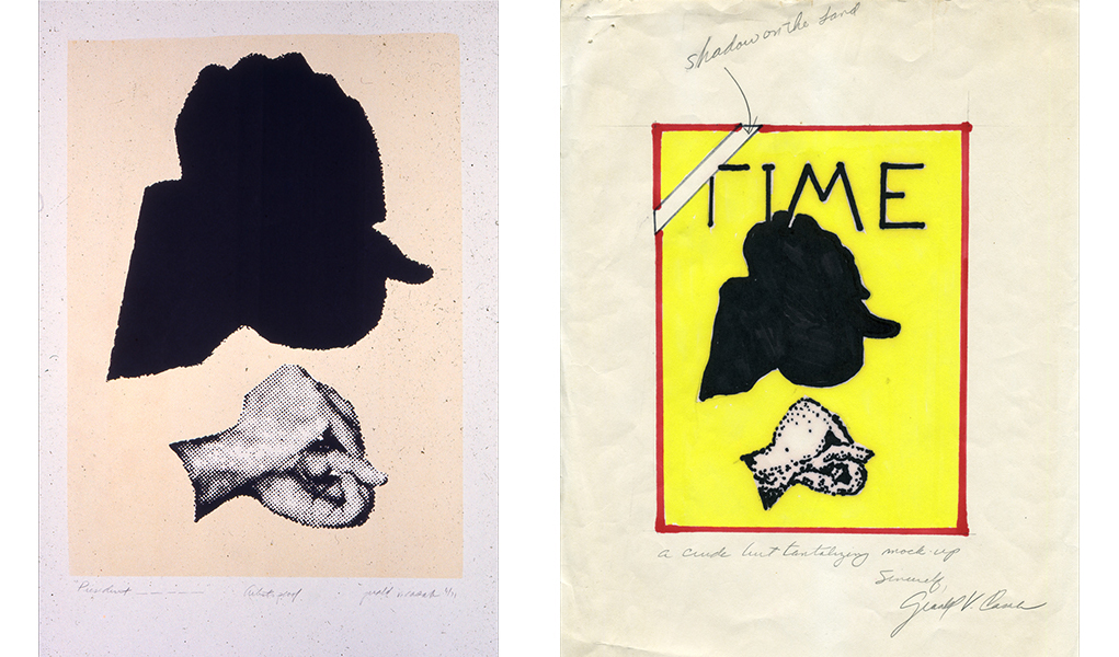 Jerry Casale print of shadow puppet that resembles Richard Nixon's silhouette. Submission for Time Magazine cover.